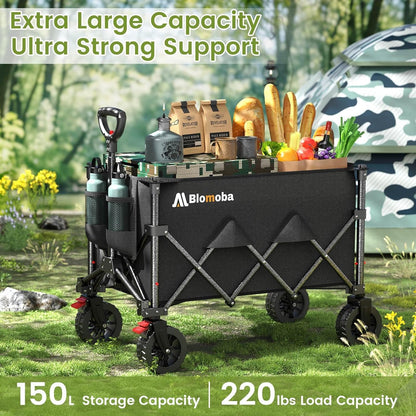 Collapsible Wagon with Wheels, Foldable Wagon Cart with Flexible Handle, Folding Utility Grocery Shopping Cart