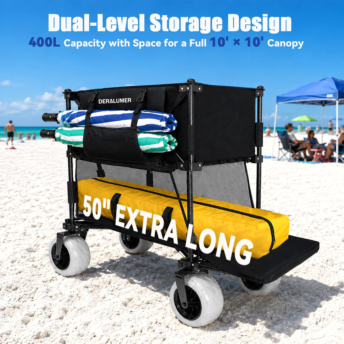X800 Collapsible Beach Wagon, 41" Heavy Duty Folding Wagon Cart with 9" Big Balloon Wheels, 200L Oversized Utility Wagon with Side Bag for Camping, Sports