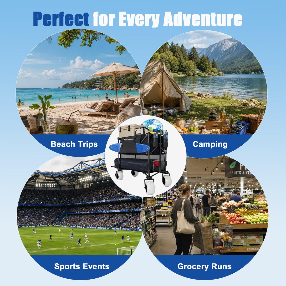 X800 Collapsible Beach Wagon, 41" Heavy Duty Folding Wagon Cart with 9" Big Balloon Wheels, 200L Oversized Utility Wagon with Side Bag for Camping, Sports