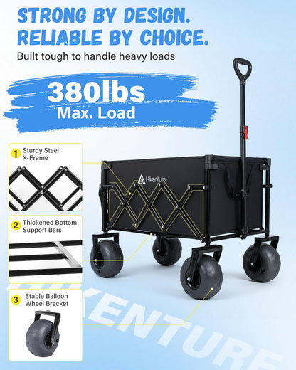 Hikenture Beach Wagon with Balloon Wheels, Collapsible Beach Cart 380 lbs