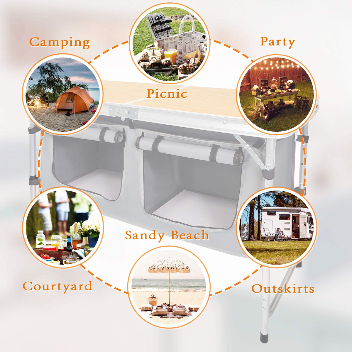 CampLand Outdoor Folding Table Aluminum Lightweight Height Adjustable with Storage Organizer for BBQ, Party, Camping