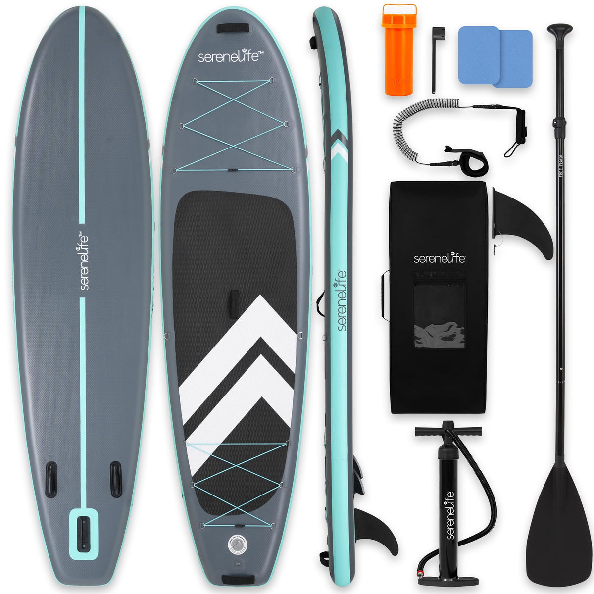SereneLife 10’ Inflatable Stand Up Paddle Board with Premium SUP Accessories - Wide Stable Design with Non-Slip EVA Deck Pad, for Youth and Adults, 350 lbs. Capacity
