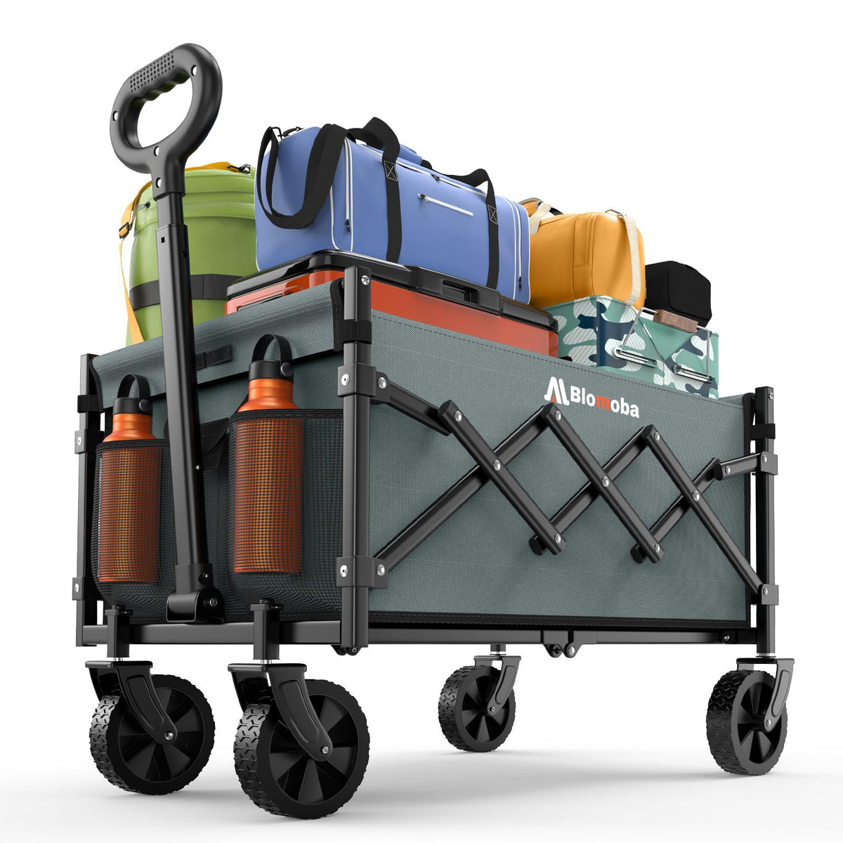 Collapsible Wagon with Wheels, Foldable Wagon Cart with Flexible Handle, Folding Utility Grocery Shopping Cart