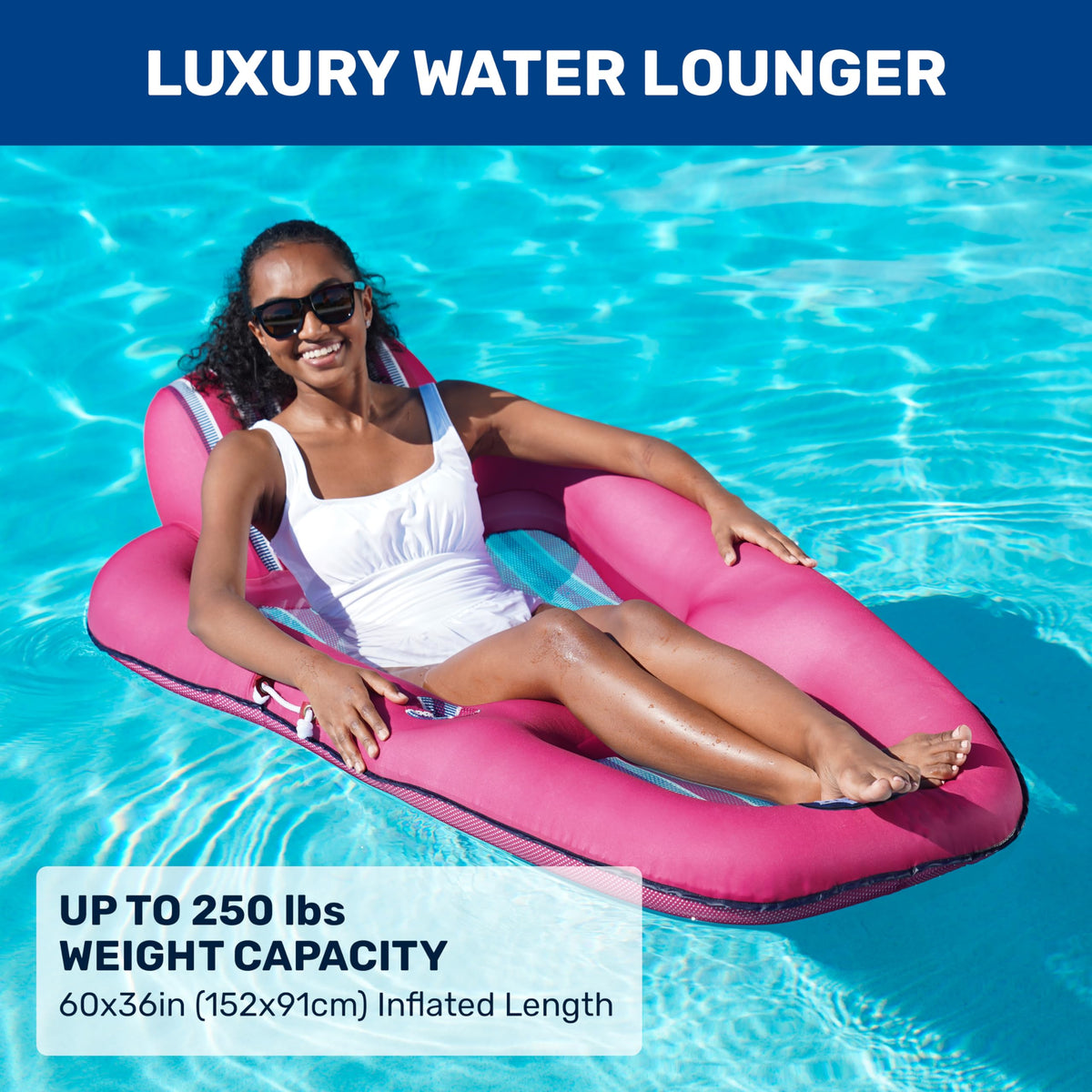Aqua Luxury Water Pool Lounge – Extra Large – Inflatable Pool Floats for Adults with Headrest, Backrest, Footrest & Cupholder – Multiple Colors/Styles
