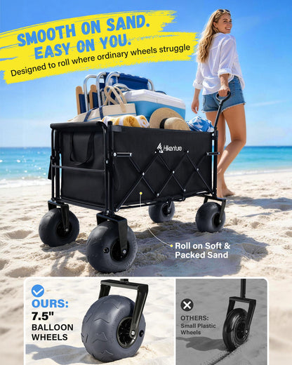Hikenture Beach Wagon with Balloon Wheels, Collapsible Beach Cart 380 lbs