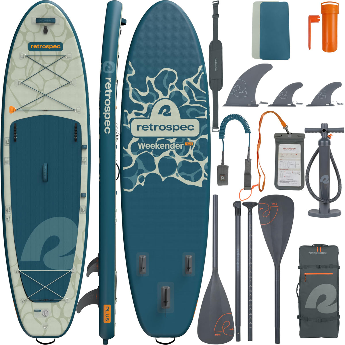 Retrospec Weekender Plus 10' Inflatable Stand Up Paddleboard Double Layer PVC iSUP Bundle w/Carrying case, 3 Piece Adjustable Aluminum Paddle, 3 Removable fins, Pump, and Cell Phone case