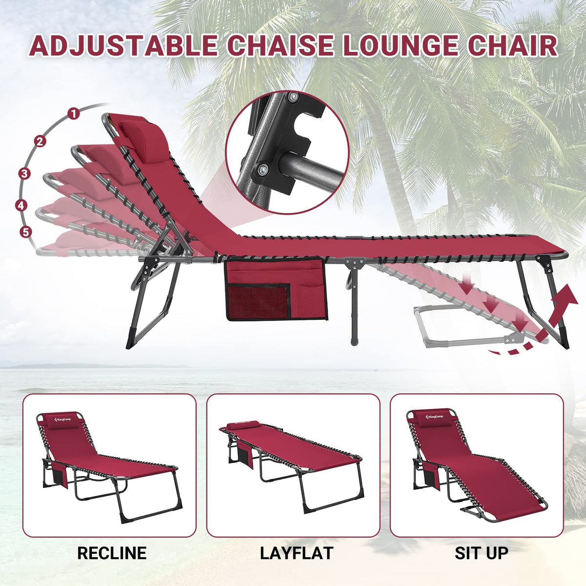 KingCamp Lounge Chair Outdoor, Folding Portable Tanning Chairs Comfy Adjustable 5-Position Lay Flat Foldable Chaise Lounger with Pillow for Outside Beach Patio Sun Bathing Pool