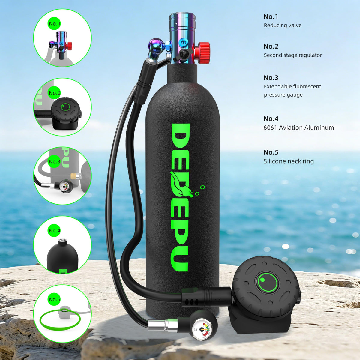 DEDEPU 2.3L Scuba Tank, Mini Diving Tank Small Lung Tank with Adapter, Up to 40 Mins Underwater Breathing Time, Portable Backup Air Cylinder, Emergency Resuce Pony Bottle