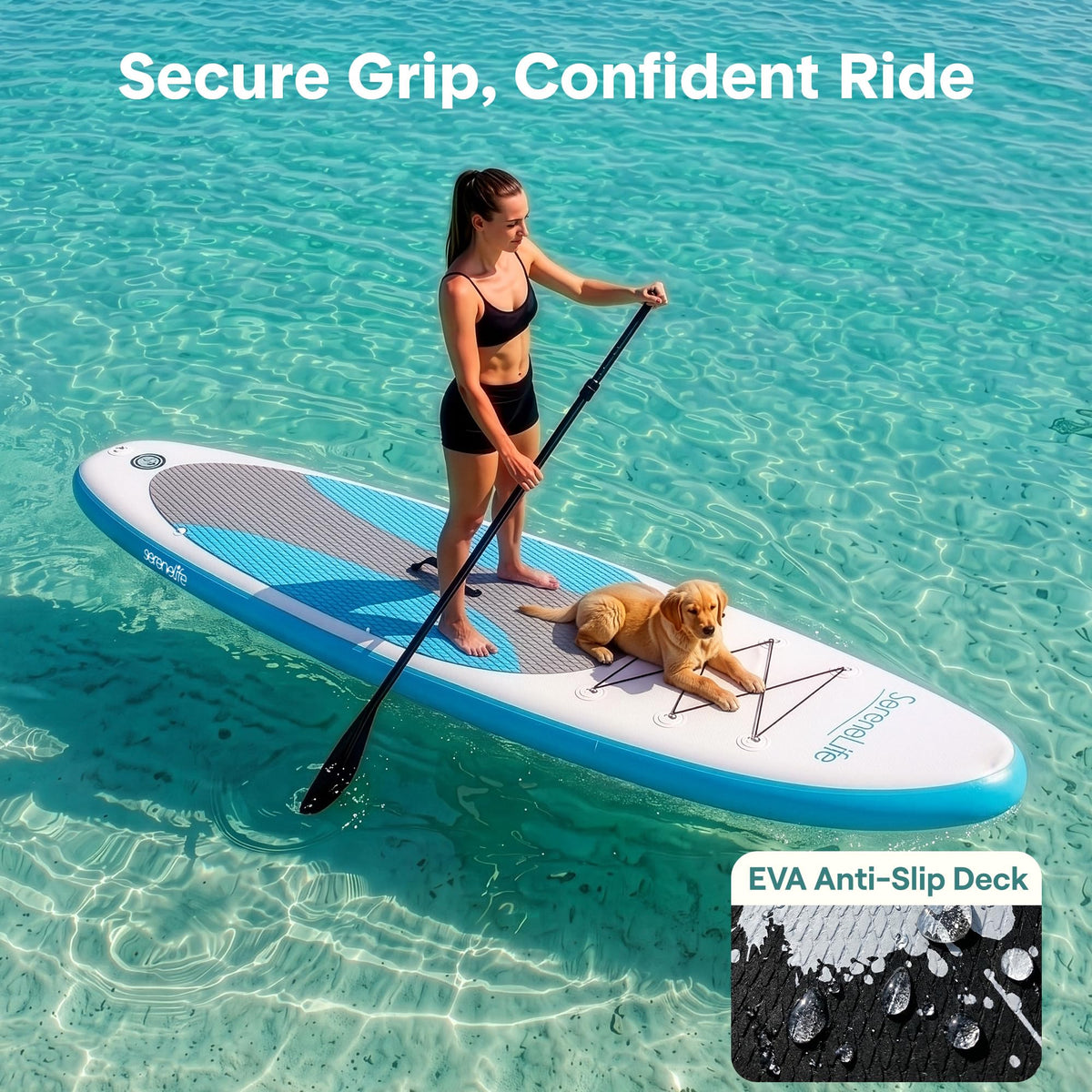 SereneLife 10’ Inflatable Stand Up Paddle Board with Premium SUP Accessories - Wide Stable Design with Non-Slip EVA Deck Pad, for Youth and Adults, 350 lbs. Capacity
