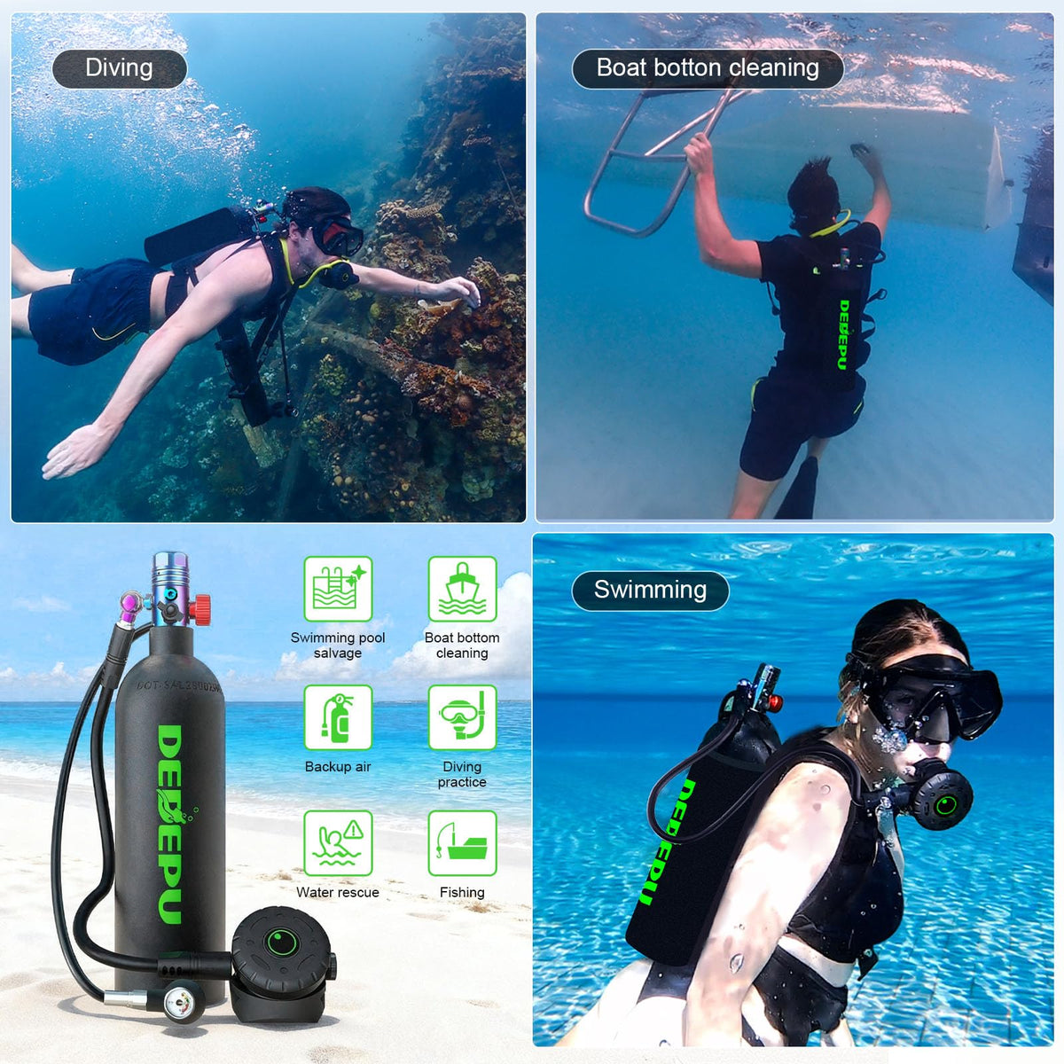 DEDEPU 2.3L Scuba Tank, Mini Diving Tank Small Lung Tank with Adapter, Up to 40 Mins Underwater Breathing Time, Portable Backup Air Cylinder, Emergency Resuce Pony Bottle