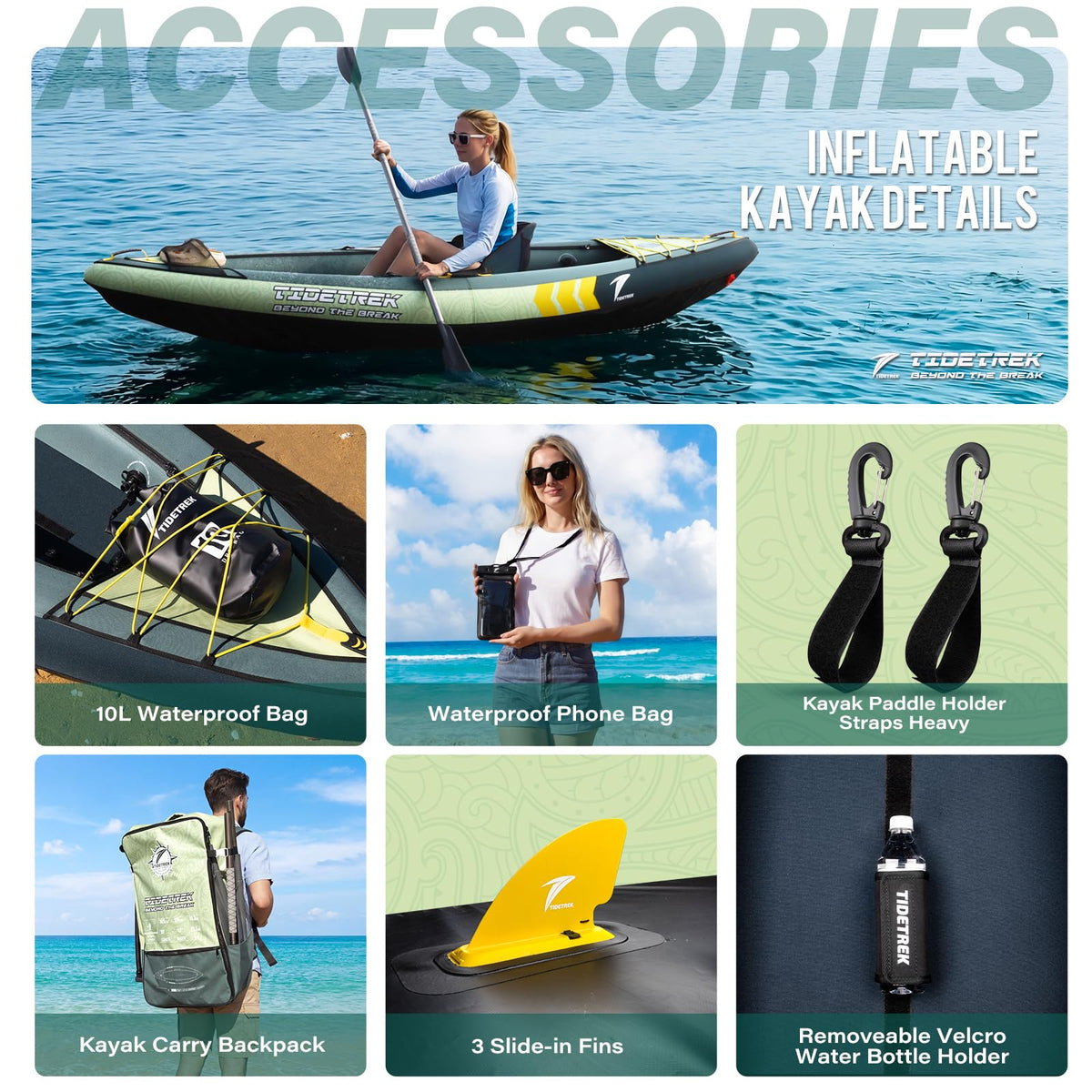 TIDETREK Inflatable Touring Kayak 1-Person & 2-Person with Waterproof Seat & Full Accessory Kit, Lightweight Recreational Kayak for Lake, River & Fishing