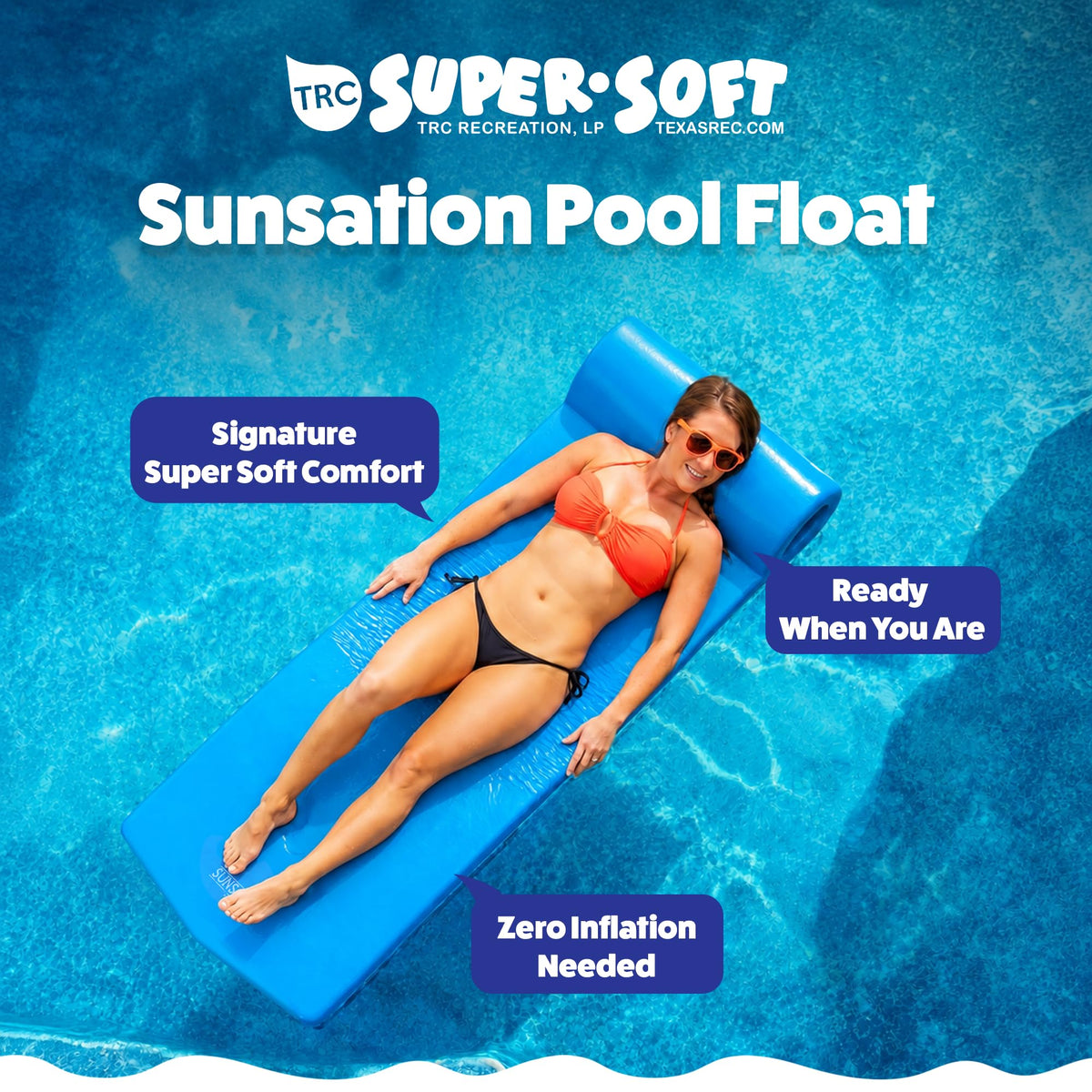 TRC Recreation Sunsation 1.75" Thick Foam Pool Float Lounger w/ Headrest for Lounging & Sunbathing in Swimming Pools, Beaches & Lakes, 70" x 26
