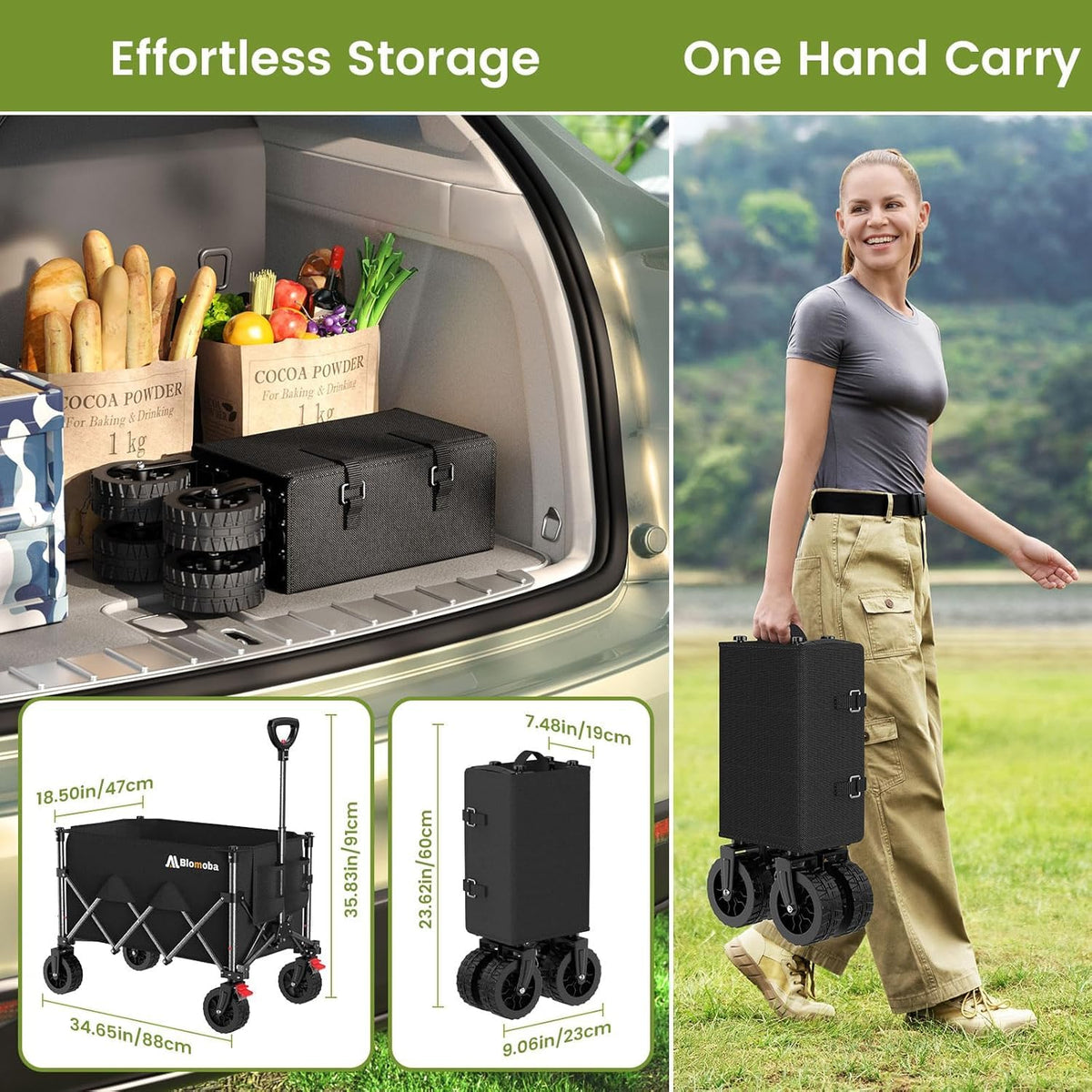 Collapsible Wagon with Wheels, Foldable Wagon Cart with Flexible Handle, Folding Utility Grocery Shopping Cart