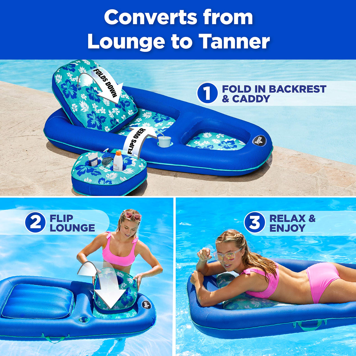 Aqua Campania Ultimate 2-in-1 Pool Float Lounge – Extra Large – Inflatable Pool Floats for Adults with Adjustable Backrest & Cupholder Caddy