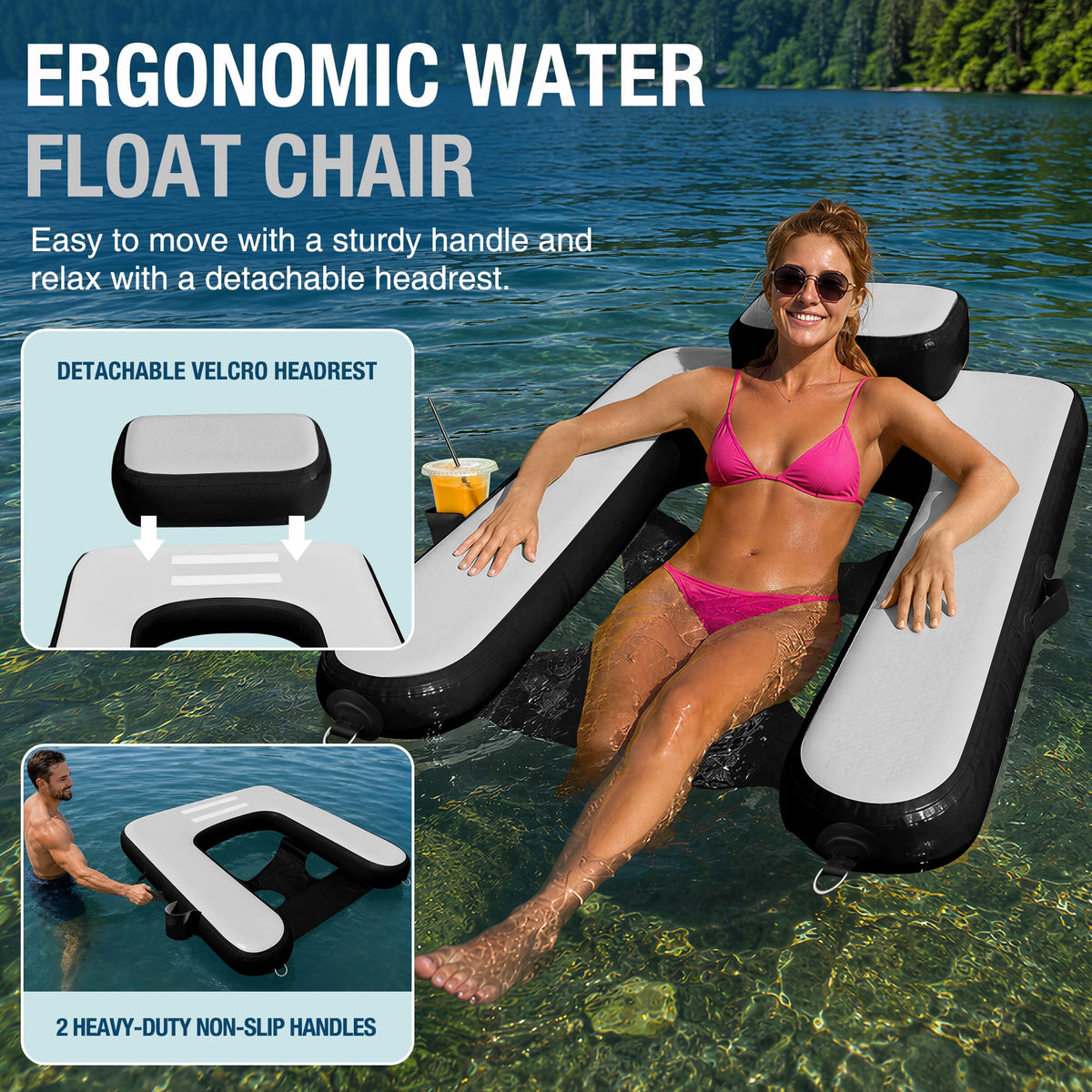 AWEMUFA Inflatable Floating Chair with Cup Holder, Inflatable Chair for Adult Lounger, Pool Floats Water Float Pool Chair Float River Lake Floats for Outside Tanning
