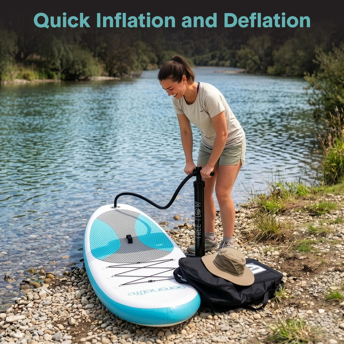 SereneLife 10’ Inflatable Stand Up Paddle Board with Premium SUP Accessories - Wide Stable Design with Non-Slip EVA Deck Pad, for Youth and Adults, 350 lbs. Capacity