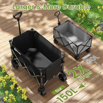 Collapsible Wagon with Wheels, Foldable Wagon Cart with Flexible Handle, Folding Utility Grocery Shopping Cart