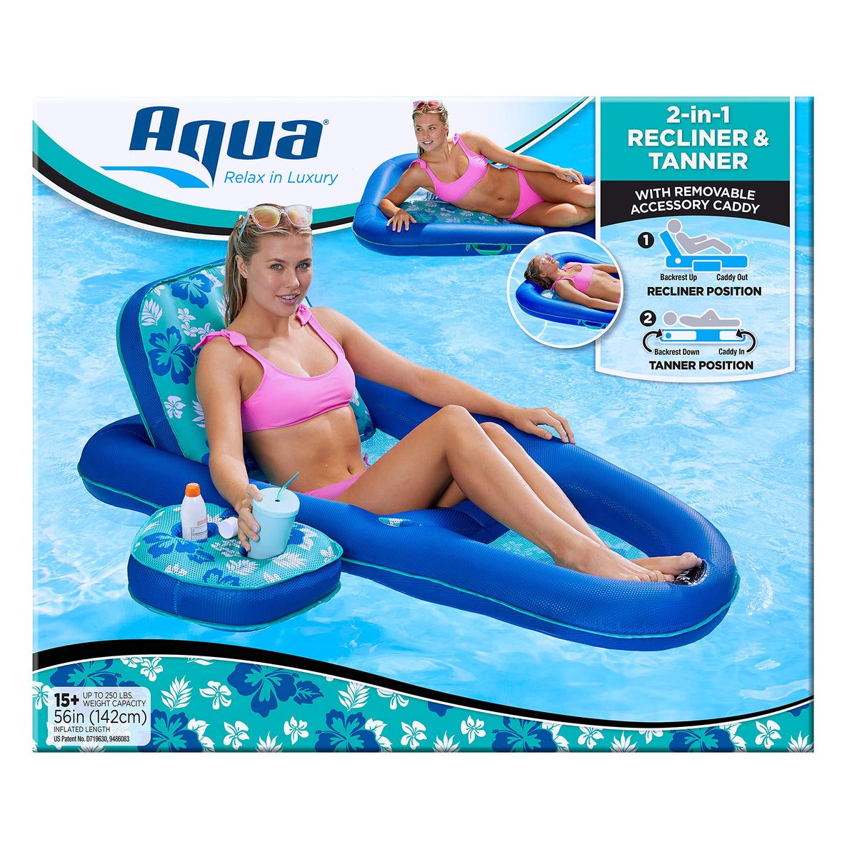 Aqua Campania Ultimate 2-in-1 Pool Float Lounge – Extra Large – Inflatable Pool Floats for Adults with Adjustable Backrest & Cupholder Caddy
